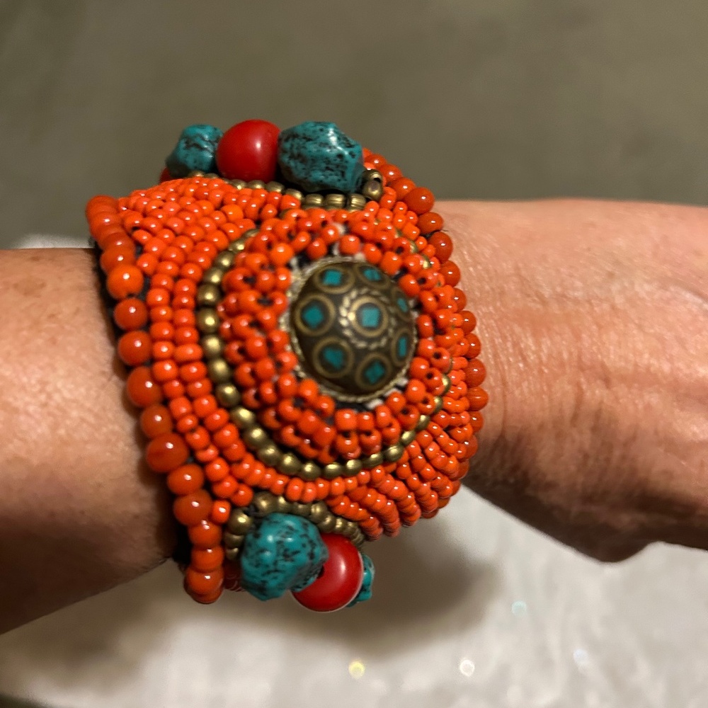 Turquoise and Coral Color Beads Bracelet